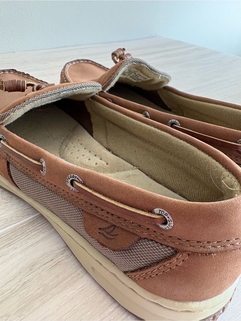 Sperry Tan/Brown Leather Boat Shoes Women's 9 EUC Preppy Nautical Old Money Chic - Picture 5 of 7